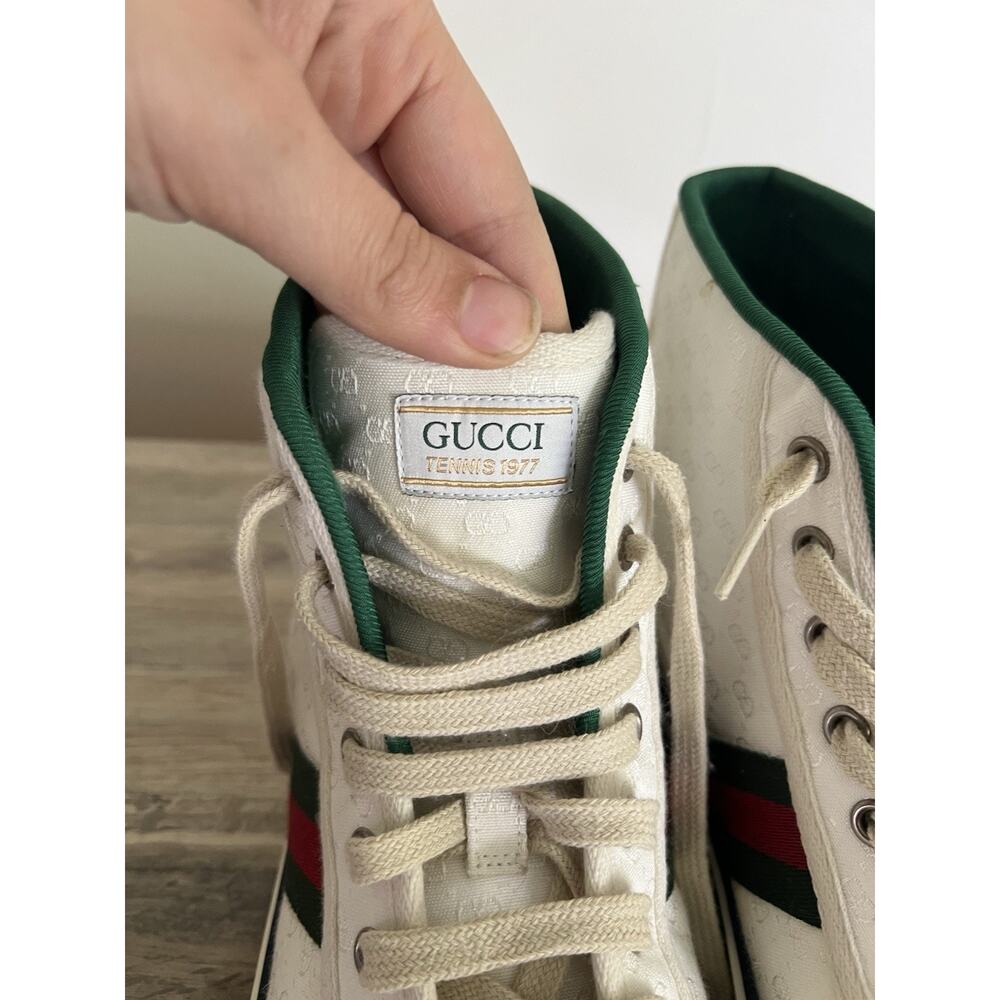 Size 11 - Gucci Tennis 1977 High Top White Mini GG Sneakers Stripe Shoes - Picture 10 of 11
